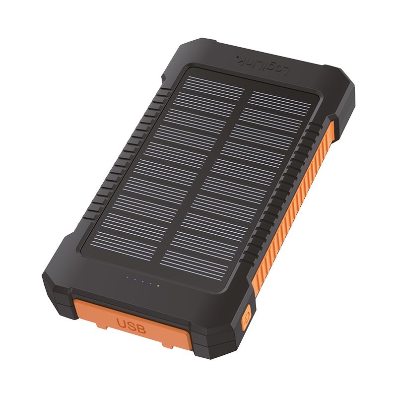 Solar-Powerbank 8000 mAh, Taschenlampe, 2x USB-A, orange-schwarz