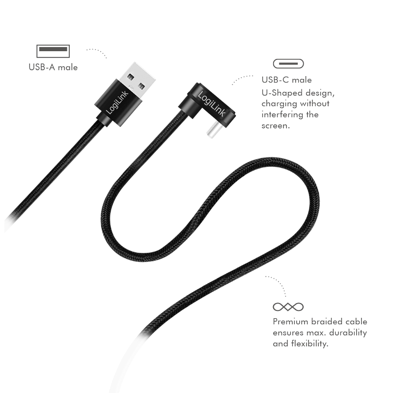 USB 2.0 Type-C-Kabel, C/M 180° zu USB-A/M, Alu, schwarz, 1 m