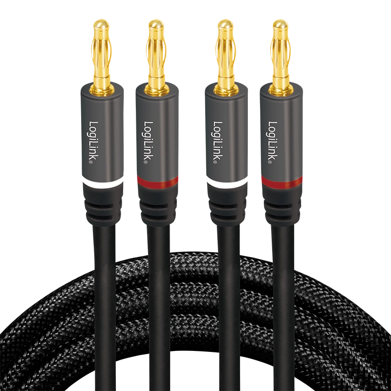 Audio-Kabel, 2x2 Bananenstecker, Metall, schwarz, 5 m