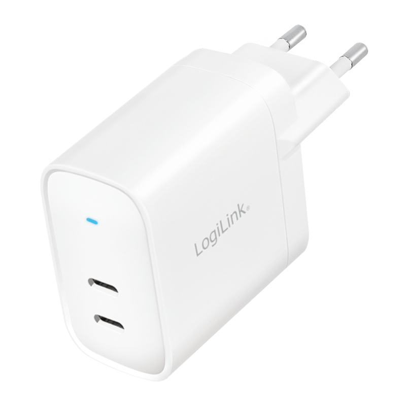 Dual-USB-Steckdosenadapter, GaN, 2x USB-C (PD), 40 W, weiß