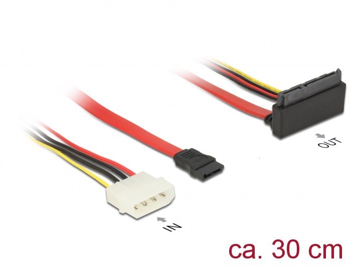 Kabel SATA 6 Gb/s 7 Pin Buchse + Molex 4 Pin Strom Stecker an SATA 22 Pin Buchse oben gewinkelt Meta