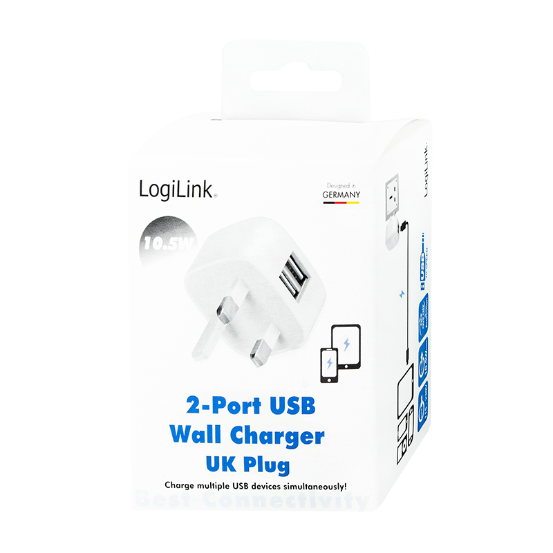 Englischer USB Steckdosenadapter, 2x USB-Port, 10,5W, weiß