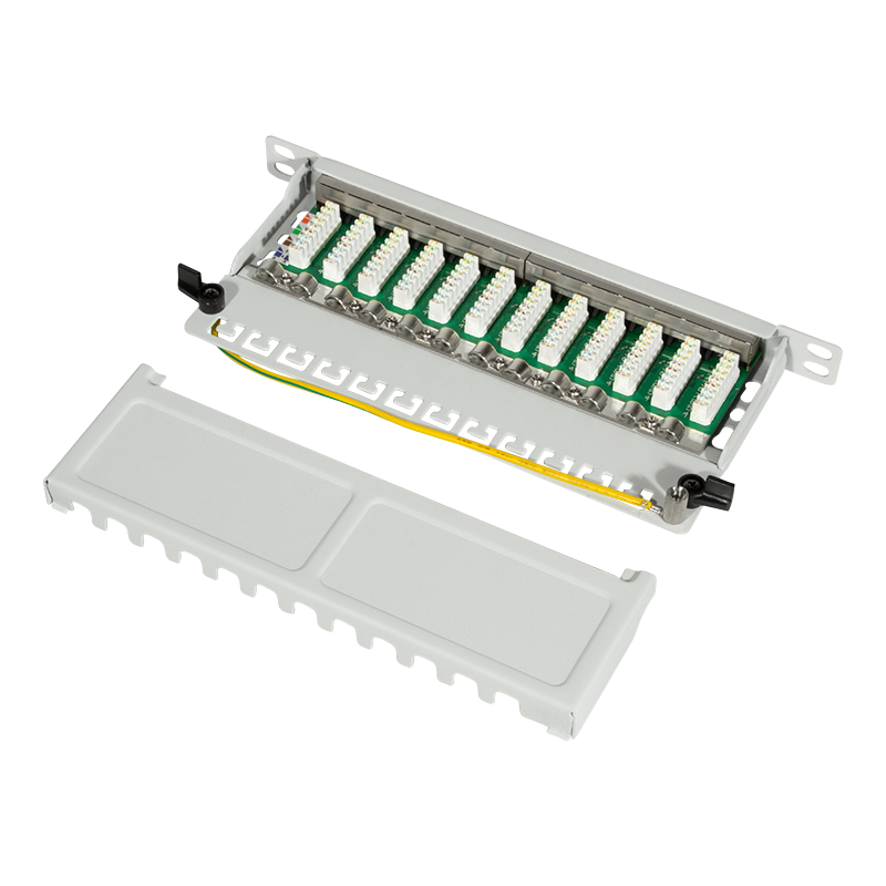 Cat.6A Mini Patchpanel 12 Ports geschirmt, 10 Zoll Einbau 0,5 HE, hellgrau