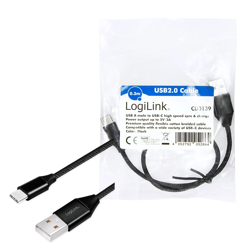 USB 2.0 Type-C Kabel, C/M zu USB-A/M, Stoff, schwarz, 0,3 m