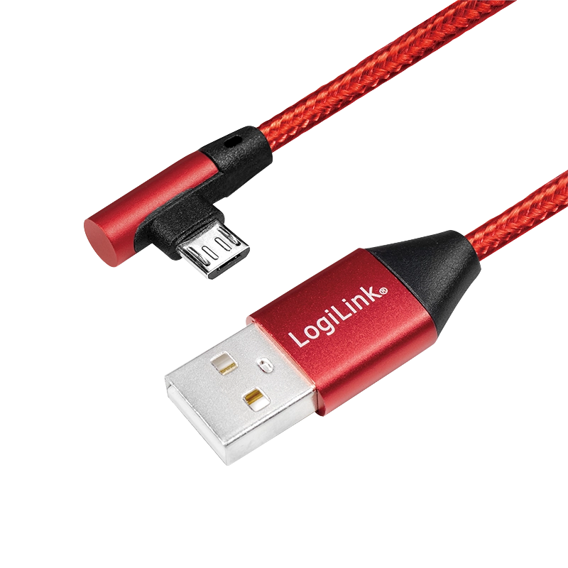 USB 2.0-Kabel, USB-A/M zu Micro-USB/M (90°), Stoff, Metall, rot, 0,3m