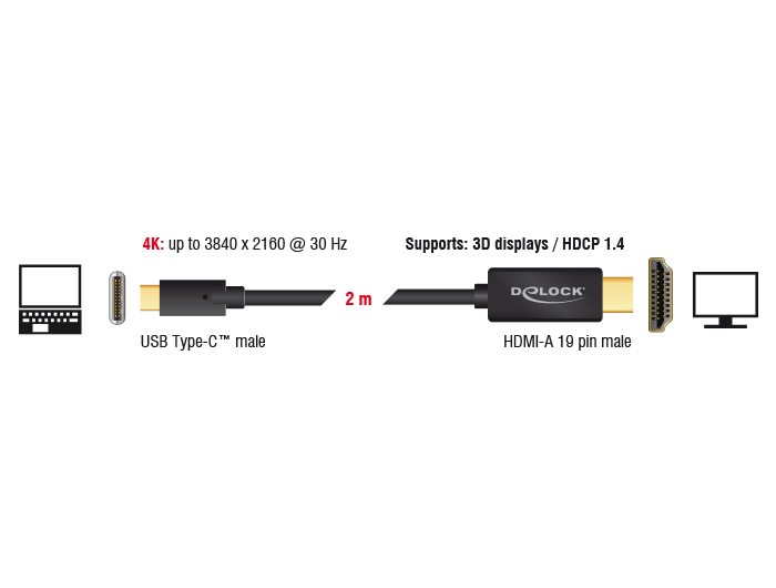 Kabel USB Type-C Stecker an HDMI Stecker (DP Alt Mode), 4K 30Hz, schwarz, 2m, Delock® [85259]