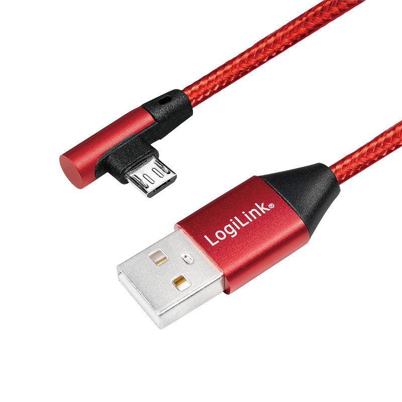 USB 2.0-Kabel, USB-A/M zu Micro-USB/M (90°), Stoff, Metall, rot, 1 m