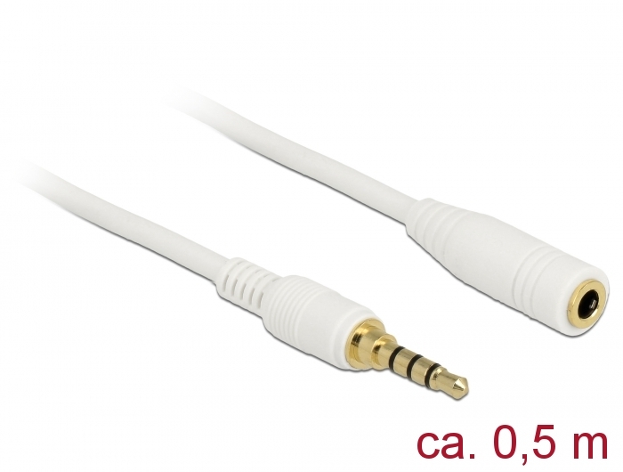 Klinkenverlängerungskabel 3,5 mm 4 Pin Stecker an Buchse, weiß, 0,5m, Delock® [85628]