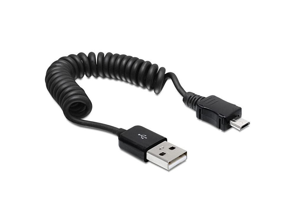 Anschlusskabel, USB 2.0 Stecker A an Stecker Micro B, Spiralkabel, schwarz, 0,2m - 0,6m, Delock® [83