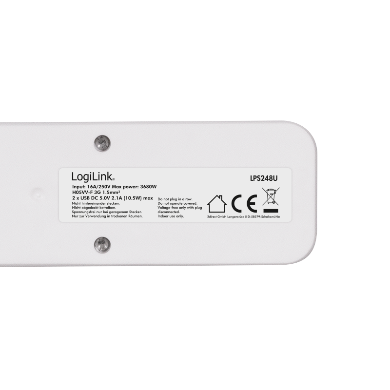 Steckdosenleiste 3-fach + Schalter, 3x CEE 7/3 + 2x USB-A, 1,5 m, weiß