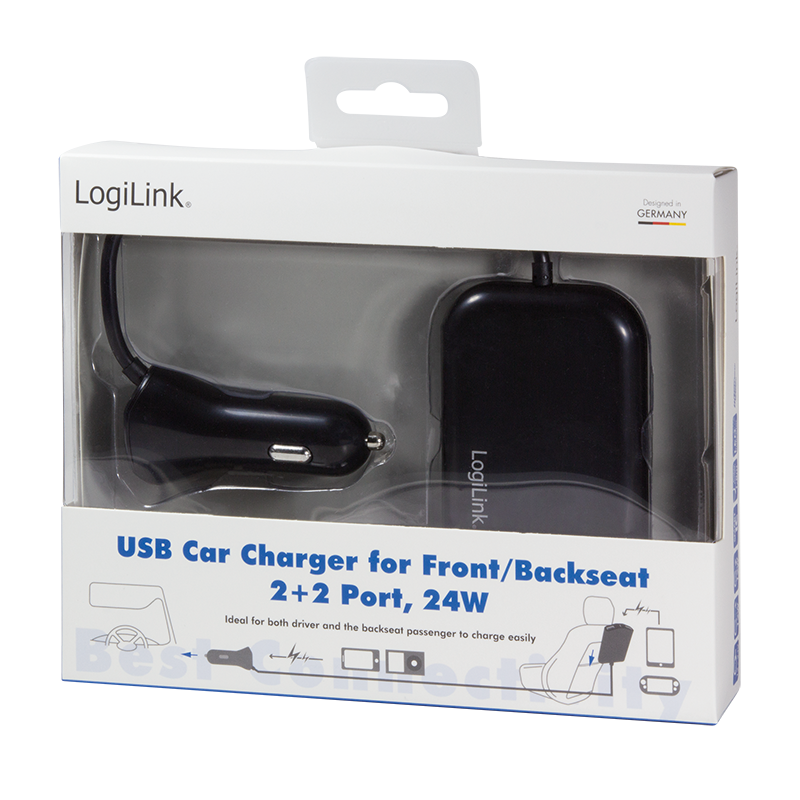 USB Kfz Netzteil für Vorder- & Rücksitze, 2x2 USB-Port, 2x 12W