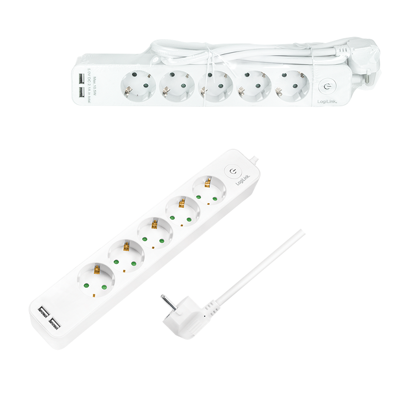 Steckdosenleiste 5-fach + Schalter, 5x CEE 7/3 + 2x USB-A, 1,5 m, weiß