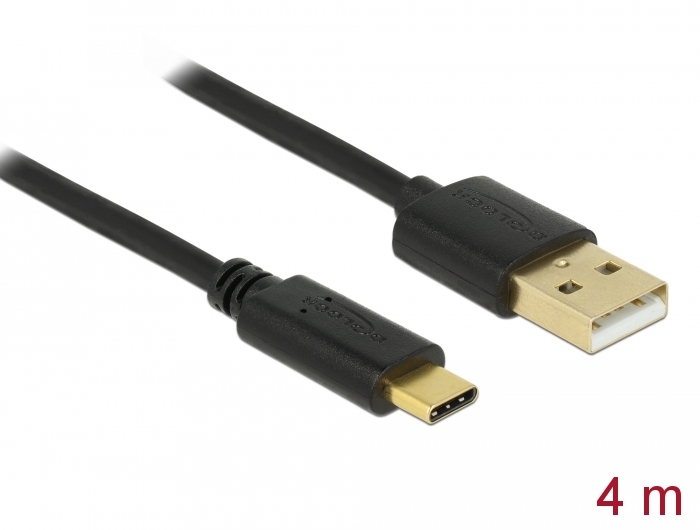 USB 2.0 Kabel USB Stecker A an USB-C™ Stecker, schwarz, 4m, Delock® [83669]