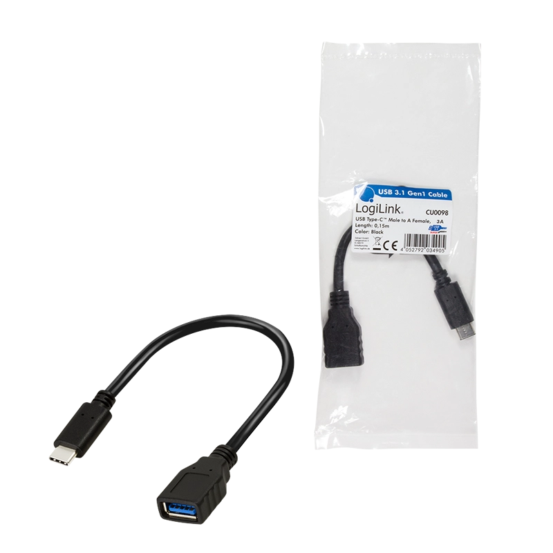 USB 3.2 Gen1 Type-C Adapter, C/M zu USB-A/F, OTG, schwarz, 0,15 m