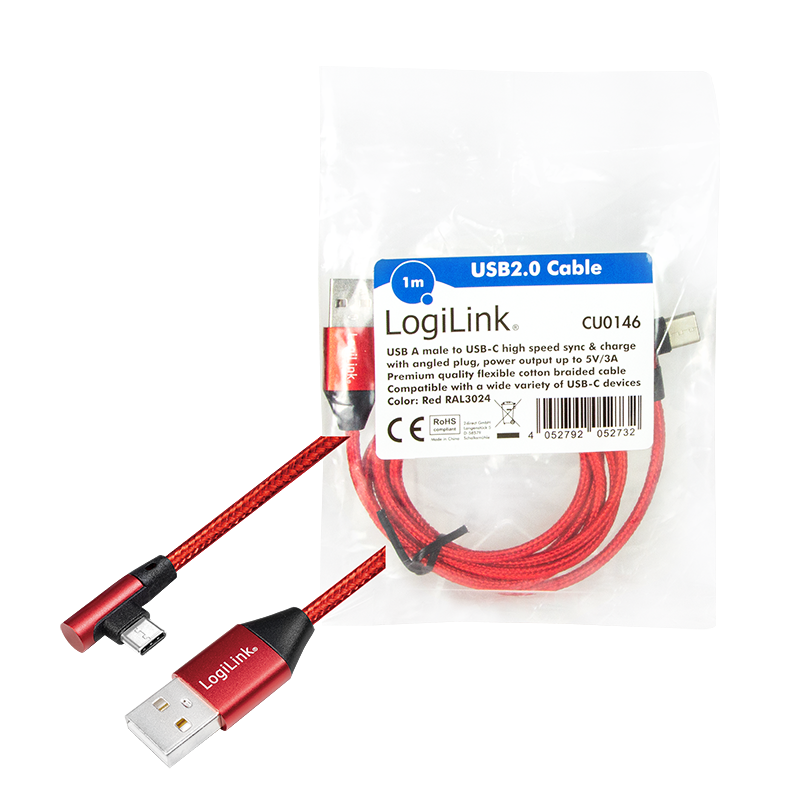 USB 2.0 Type-C Kabel, C/M (90°) zu USB-A/M, Stoff, rot, 1 m