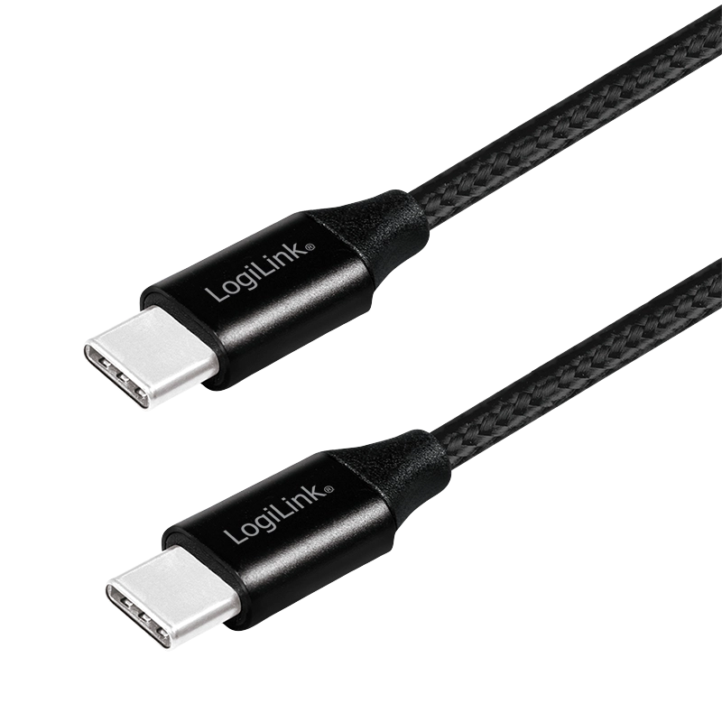 USB 2.0 Type-C Kabel, C/M zu C/M, Metall, Stoff, schwarz, 0,3 m