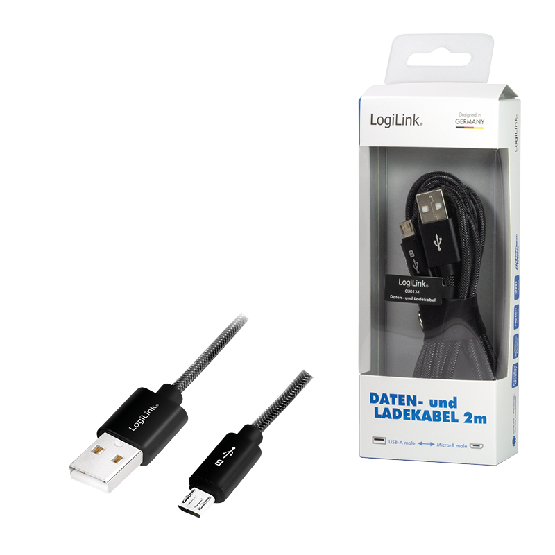 USB 2.0-Kabel, USB-A/M zu Micro-USB/M, Nylon, Alu, schwarz, 2 m