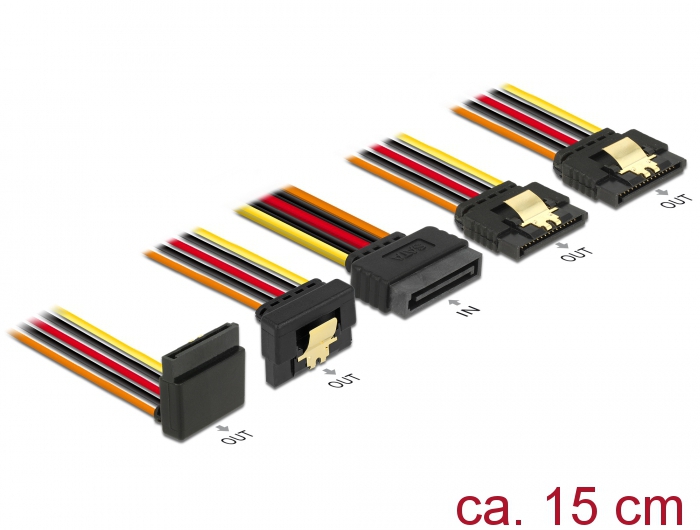 Kabel SATA 15 Pin Strom Stecker mit Einrastfunktion an SATA 15 Pin Strom Buchse 2 x gerade / 1 x unt