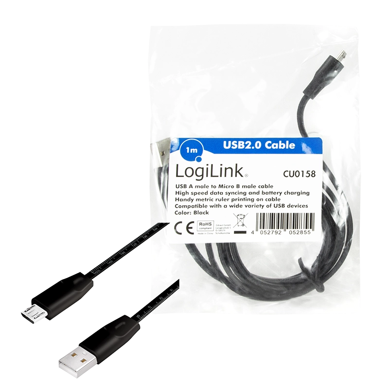 USB 2.0-Kabel, USB-A/M zu Micro-USB/M, mit Metermaß, schwarz, 1 m
