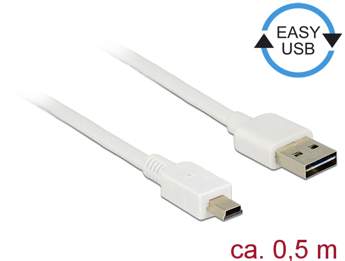 Kabel EASY-USB 2.0 Typ-A Stecker an USB 2.0 Typ Mini-B Stecker, weiß, 0,5 m, Delock® [85159]