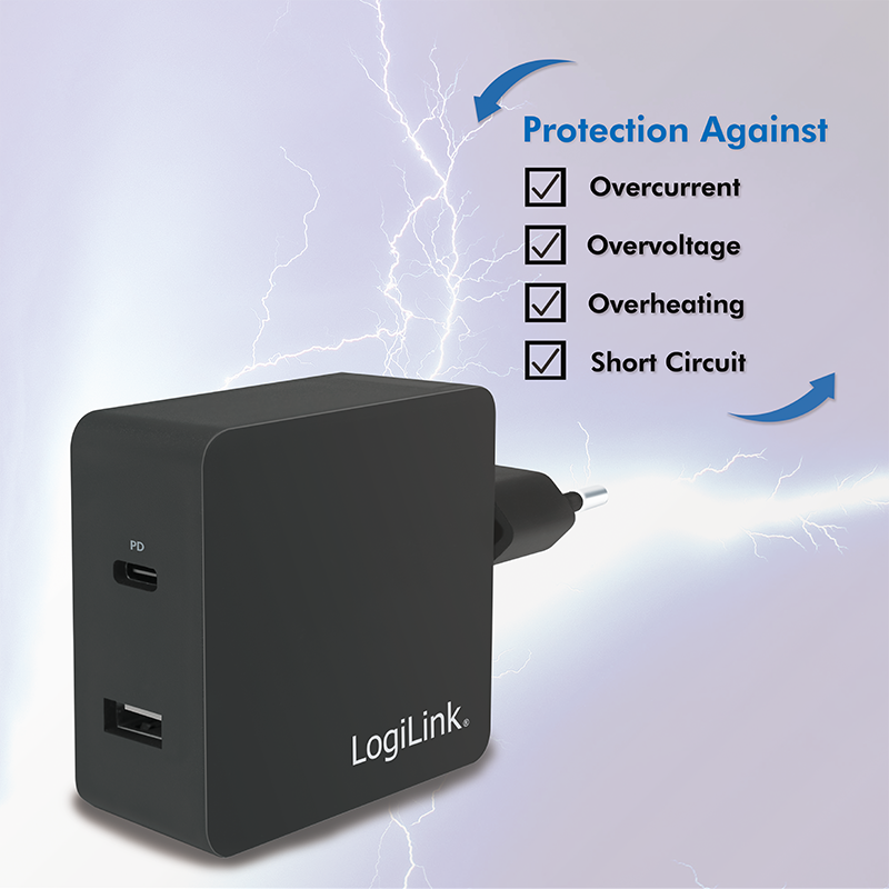 USB Steckdosenadapter, 1x USB-C Port (PD) & 1x USB-A Port, 45W