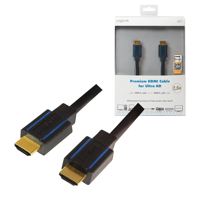 HDMI-Kabel, A/M zu A/M, 4K/60 Hz, zertifiziert, schwarz/blau, 7,5 m