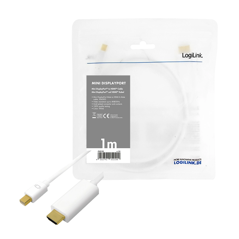 DisplayPort-Kabel, mDP/M zu HDMI-A/M, 4K/30 Hz, weiß, 1 m