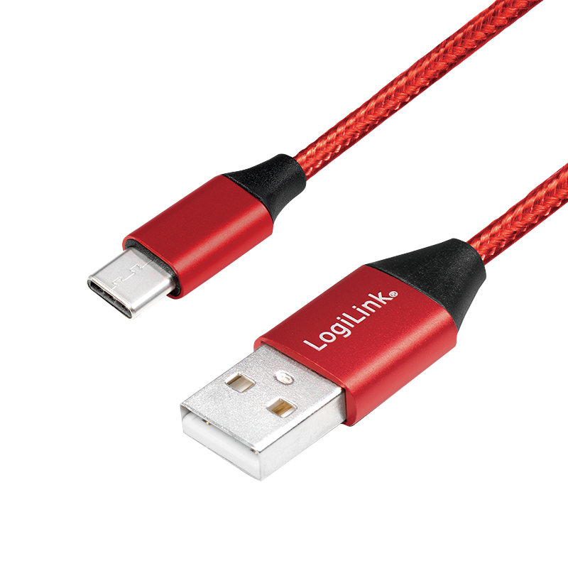 USB 2.0 Type-C Kabel, C/M zu USB-A/M, Stoff, rot, 0,3 m