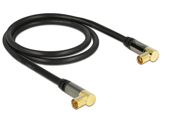 Antennenkabel IEC Stecker gewinkelt an IEC Buchse gewinkelt RG-6/U 1 m schwarz, Delock® [88781]
