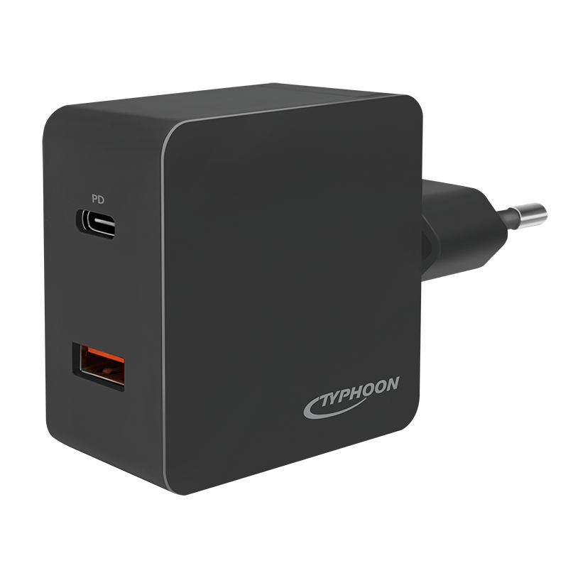 Dual-USB-Schnelladeadapter, 1x USB-C (PD) & 1x USB-A (QC), 18W, schwarz