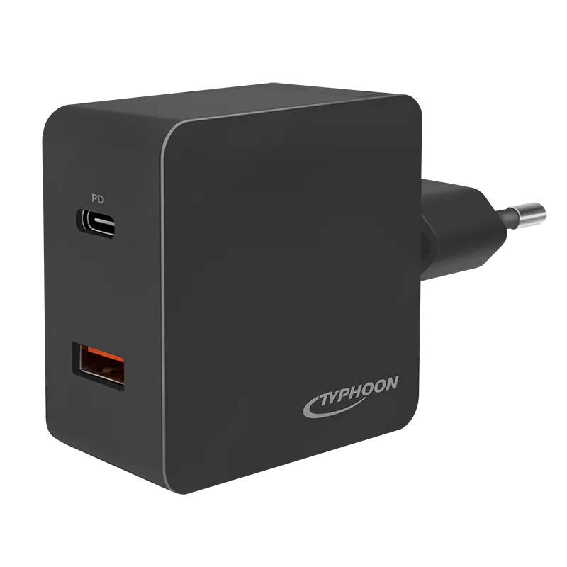 Dual-USB-Schnelladeadapter, 1x USB-C (PD) & 1x USB-A (QC), 18W, schwarz