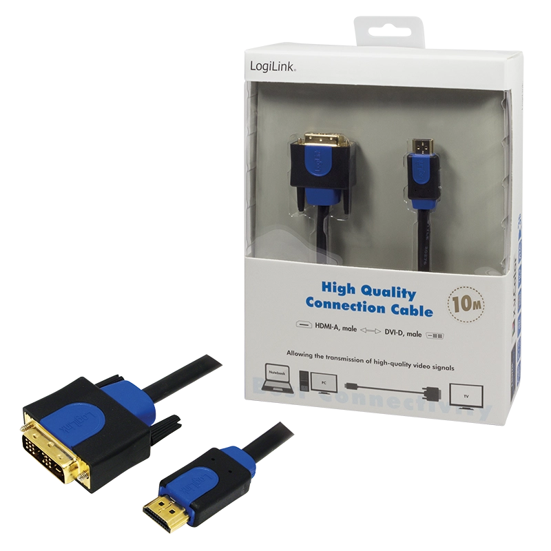 HDMI-Kabel, A/M zu DVI/M, 1080p, bidirekt, schwarz/blau, 10 m