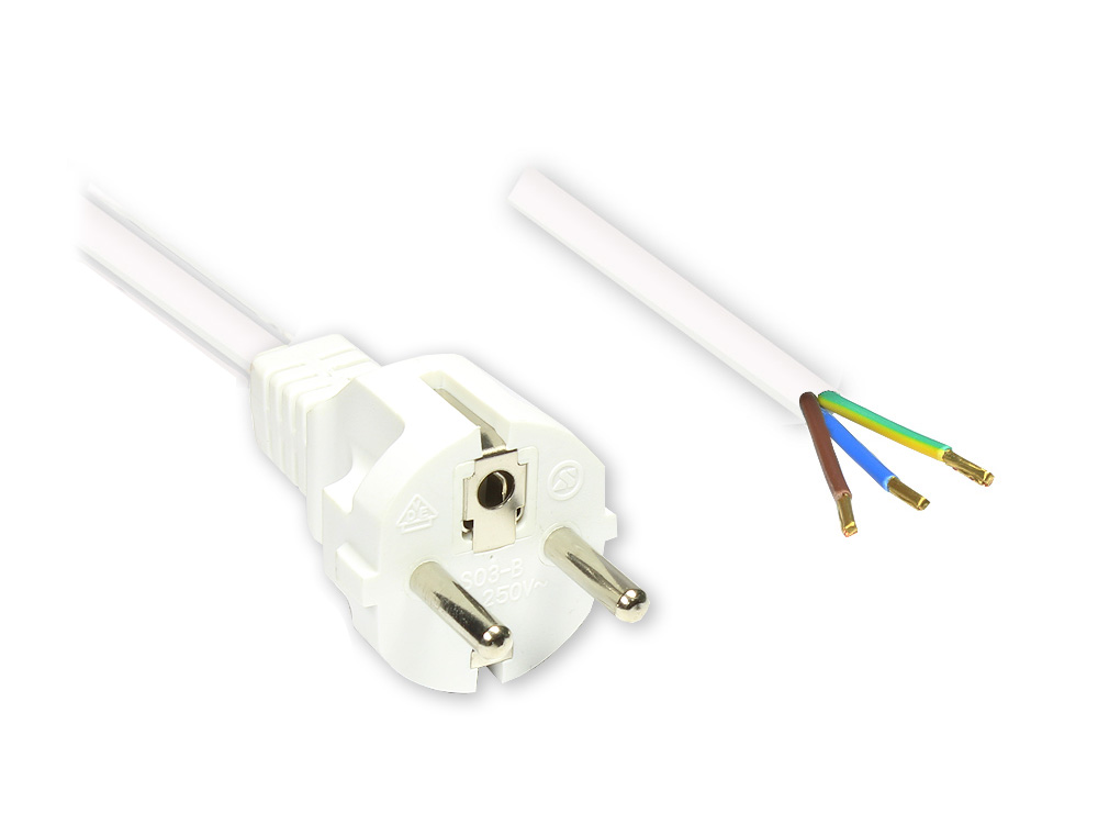 Netzkabel Schutzkontakt-Stecker gerade mit abisolierten Enden, weiss, 1,5m, Good Connections®