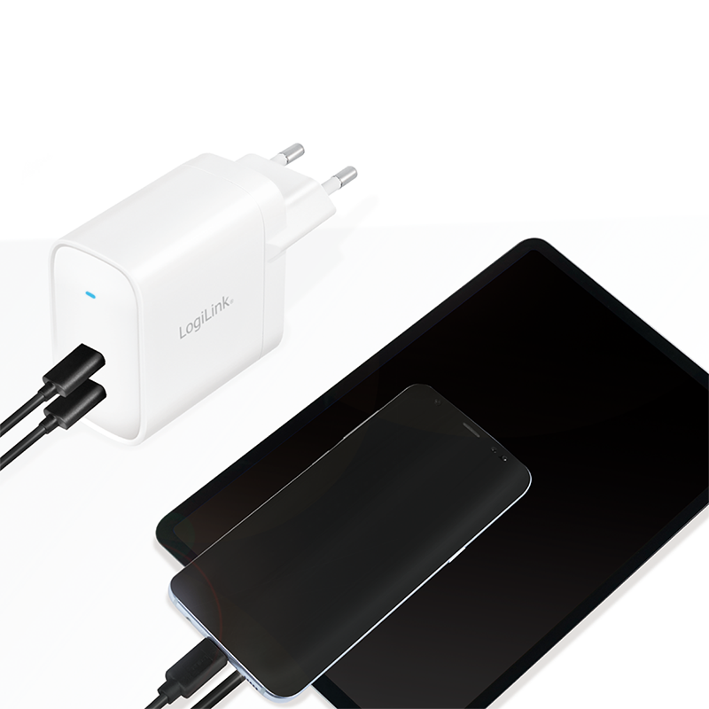 Dual-USB-Steckdosenadapter, GaN, 2x USB-C (PD), 40 W, weiß
