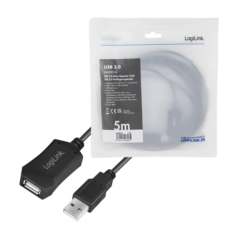 USB 2.0-Kabel, USB-A/M zu USB-A/F, Verstärker, schwarz, 5 m
