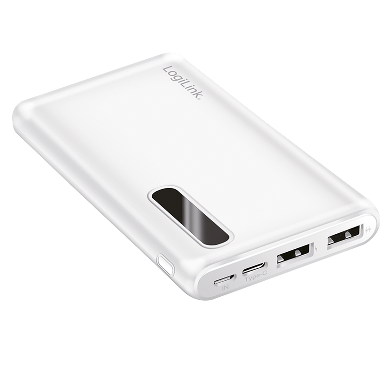 Powerbank 10000 mAh, 2x USB-A, 2-in-1 Kabel, mit Display, weiß