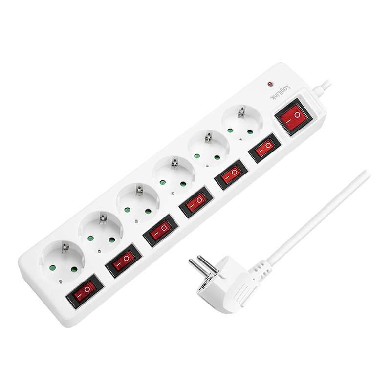 Steckdosenleiste 6-fach mit 7 Schaltern, 6x CEE 7/3, weiß