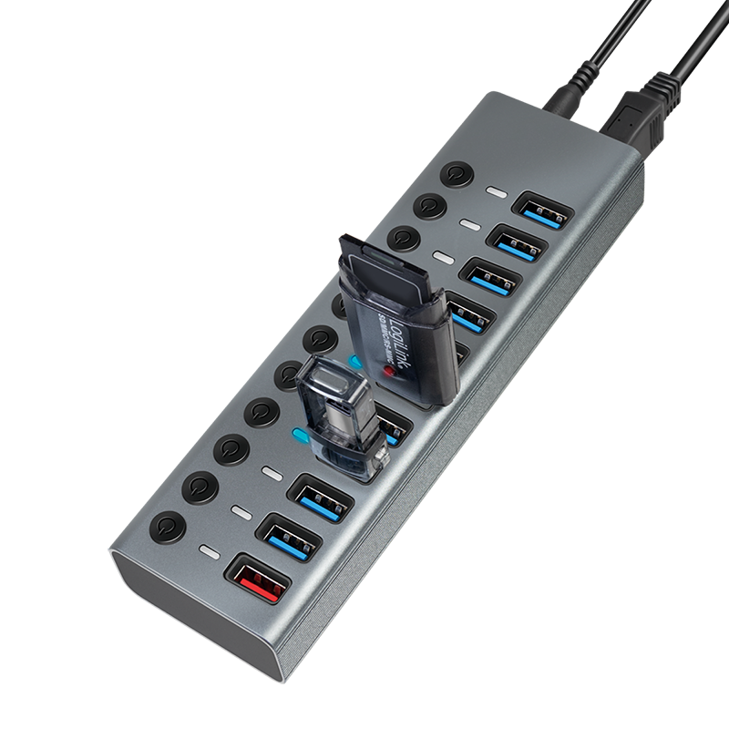 USB 3.2 Gen 1 Hub, 10 Ports + 1x Schnell-Ladeport, Ein/Aus-Schalter