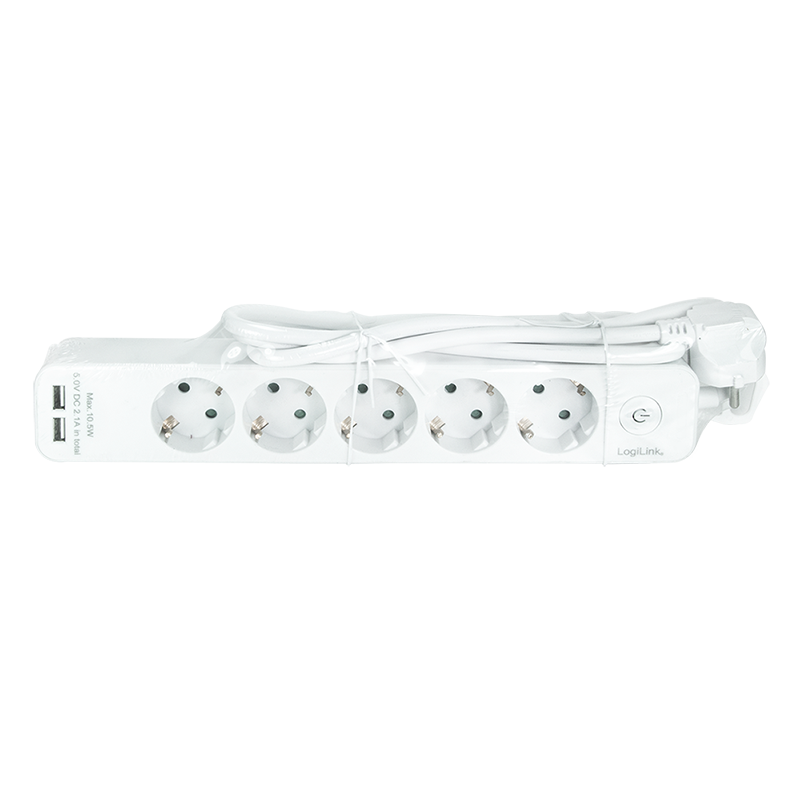 Steckdosenleiste 5-fach + Schalter, 5x CEE 7/3 + 2x USB-A, 1,5 m, weiß