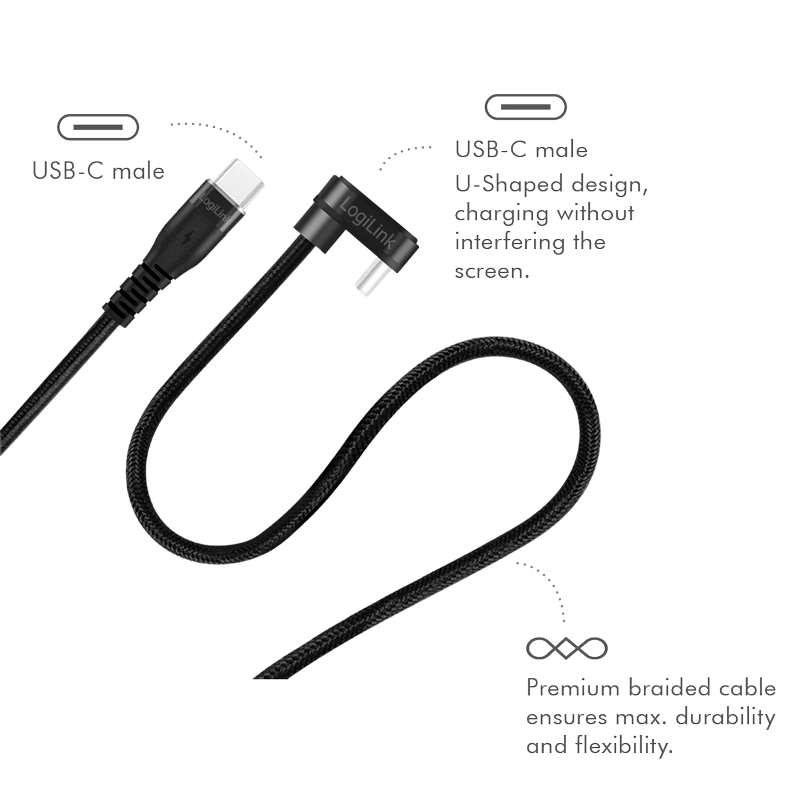 USB 2.0 Type-C-Kabel, C/M 180° zu USB-C/M, Alu, schwarz, 3 m