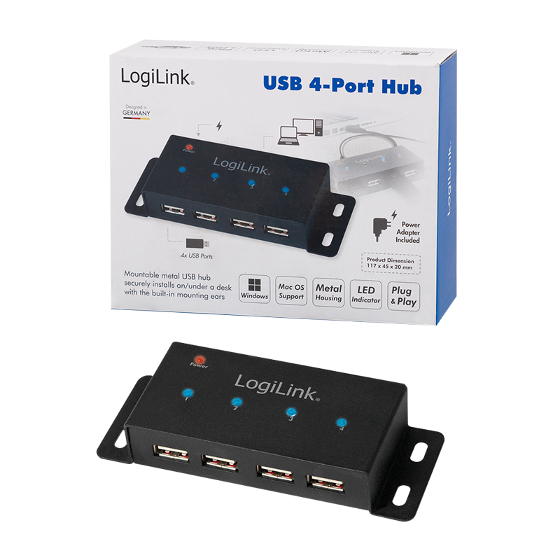 USB 2.0 Hub, 4-Port, Metall