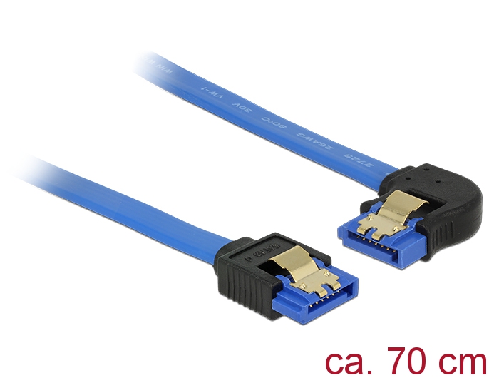 Kabel SATA 6 Gb/s Buchse gerade an SATA Buchse links gewinkelt, mit Goldclips, blau, 0,7m, Delock® [