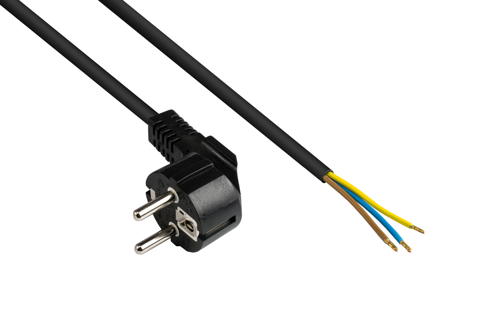 Netzkabel Schutzkontakt-Stecker Typ E+F (CEE 7/7, gewinkelt) an abisolierte Enden, schwarz, 0,75 mm²