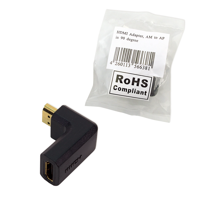 HDMI-Adapter, A/M zu A/F, 90° gewinkelt, lang, 4K/30 Hz, schwarz