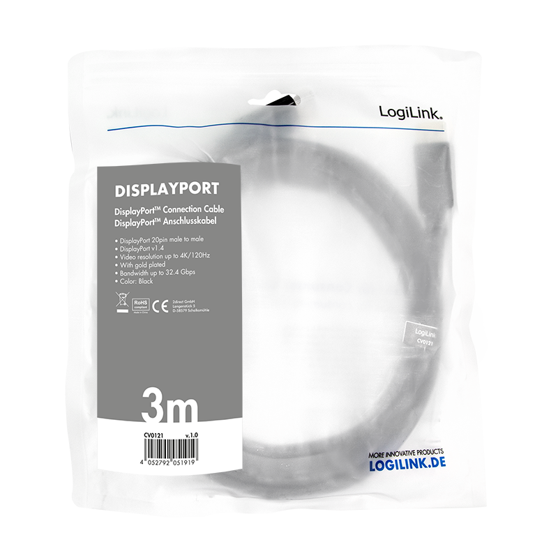 DisplayPort-Kabel, DP/M zu DP/M, 8K/60 Hz, schwarz, 3 m