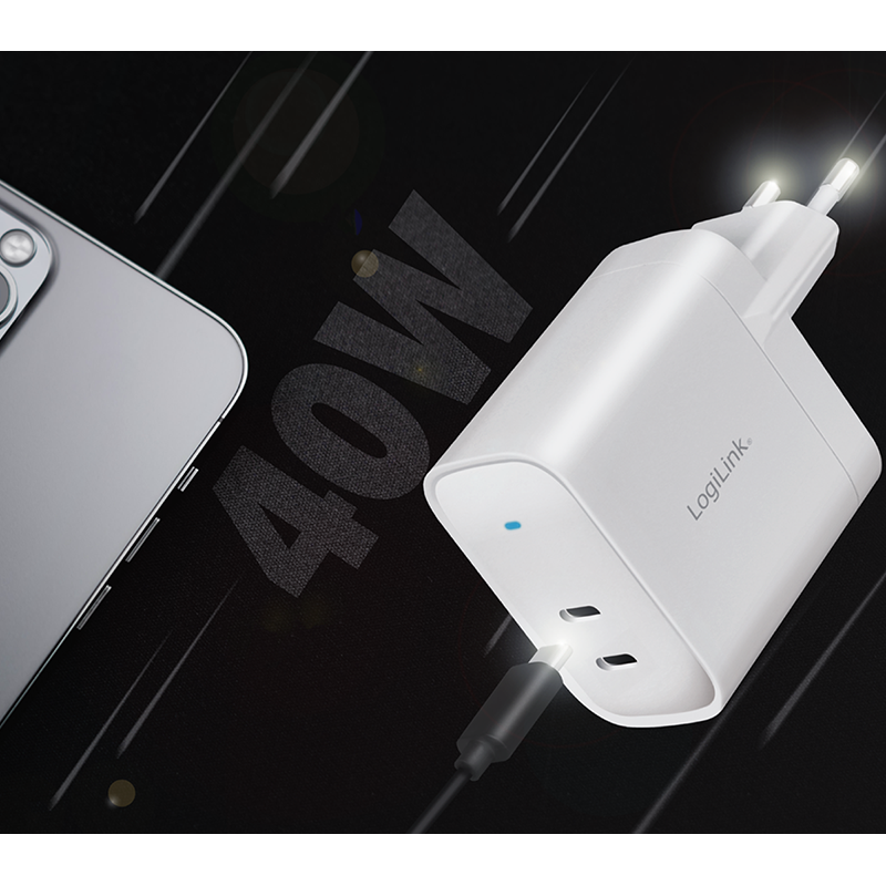 Dual-USB-Steckdosenadapter, GaN, 2x USB-C (PD), 40 W, weiß