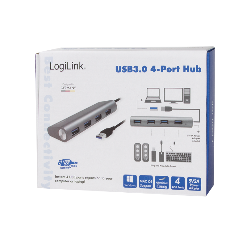 USB 3.0, 4-Port Hub, mit Aluminiumgehäuse