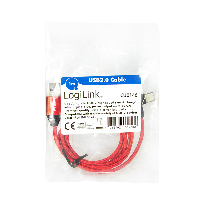USB 2.0 Type-C Kabel, C/M (90°) zu USB-A/M, Stoff, rot, 1 m