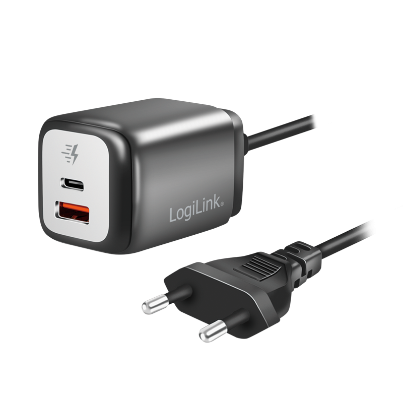 Dual-USB-Steckdosenadapter, GaN, 1x USB-A, 1x USB-C, 30 W, fixes Kabel