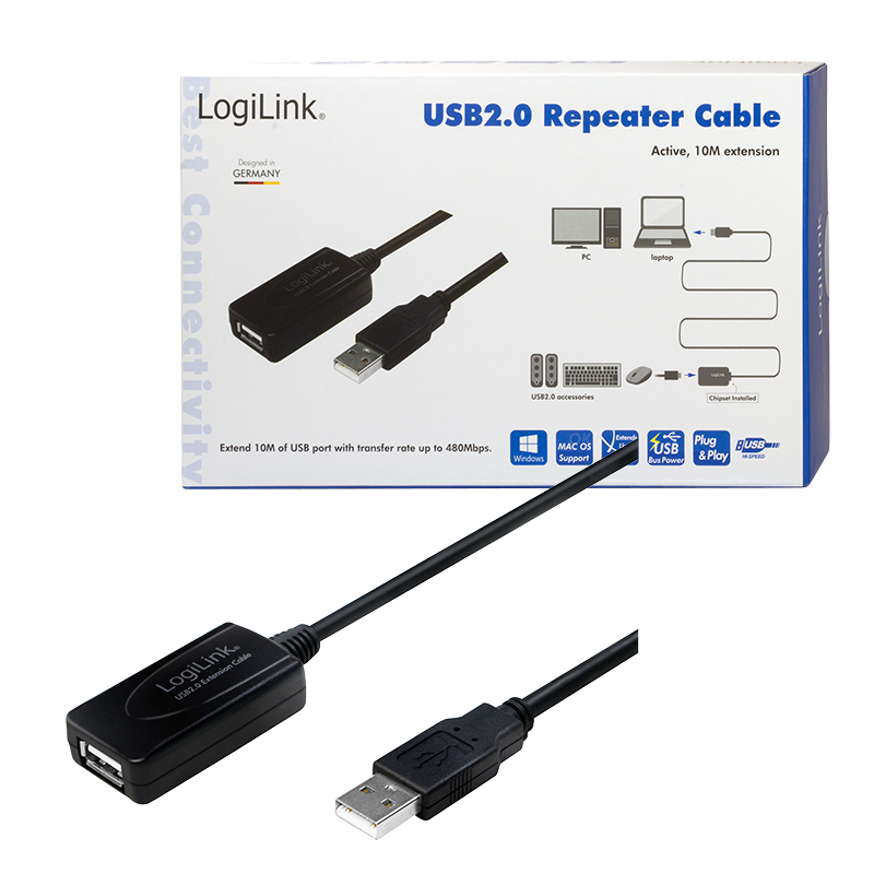 USB 2.0-Kabel, USB-A/M zu USB-A/F, Verstärker, schwarz, 10 m